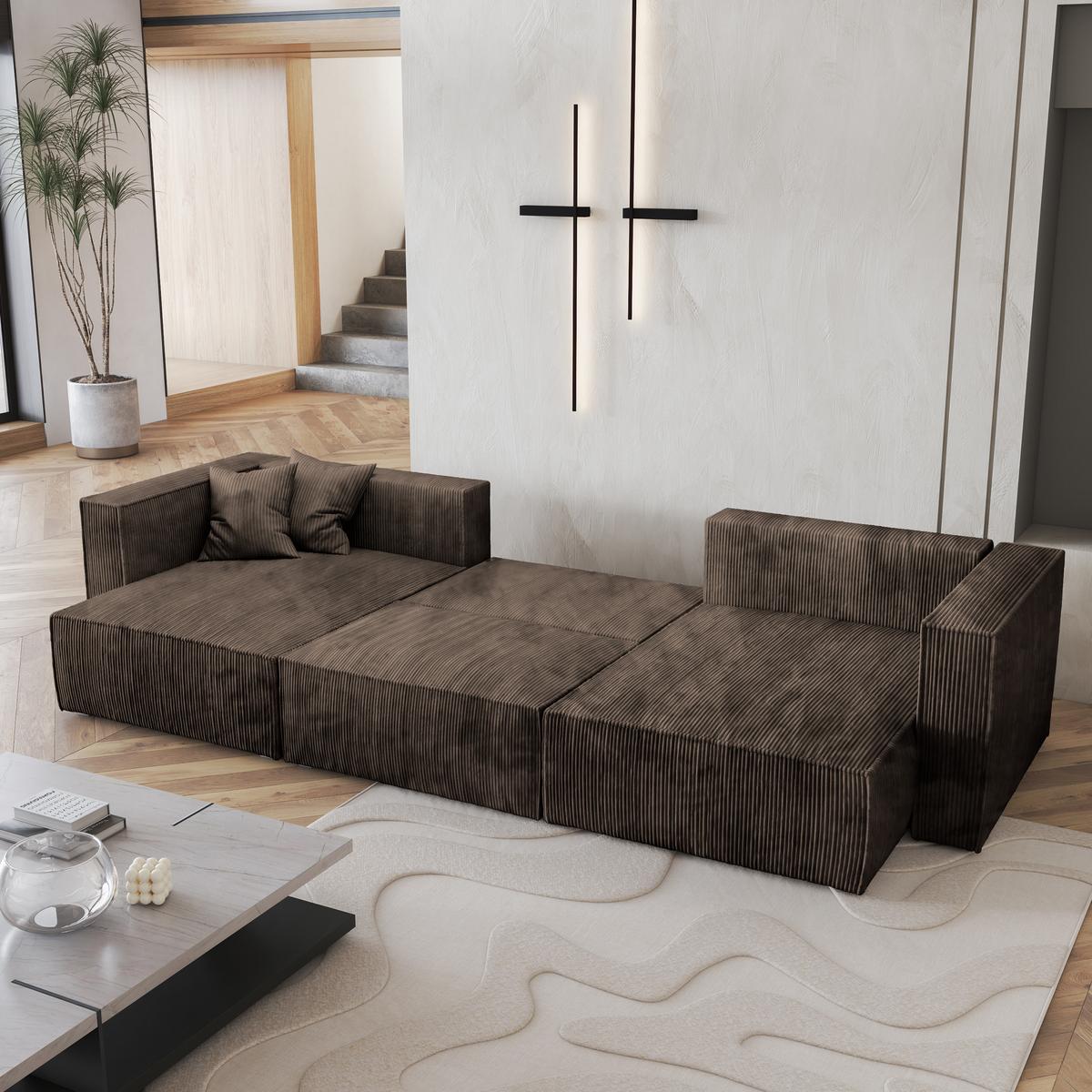 WOHNLANDSCHAFT SARMO P Braun Kordstoff mit Schlaffunktion - Braun/Grau, Holz/Kunststoff (347/70/148cm) - MASSENO