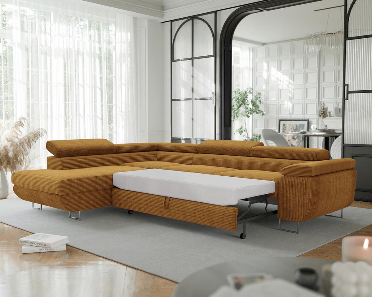 ECKSOFA ANTON links, mit Schlaffunktion und Bettkasten Senfgelb - Currygelb/Chromfarben, Textil/Metall (274/203cm) - Idohome