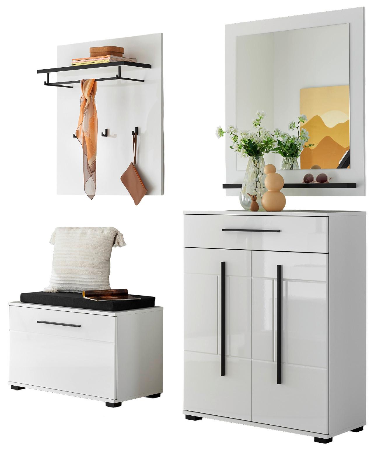 GARDEROBEN-SET weiß Hochglanz 5-teilig 170 cm, Flurgarderobe mit Soft-Close - Dunkelgrau/Weiß Hochglanz, Glas/Holzwerkstoff (170/200/40cm) - Furn.Design