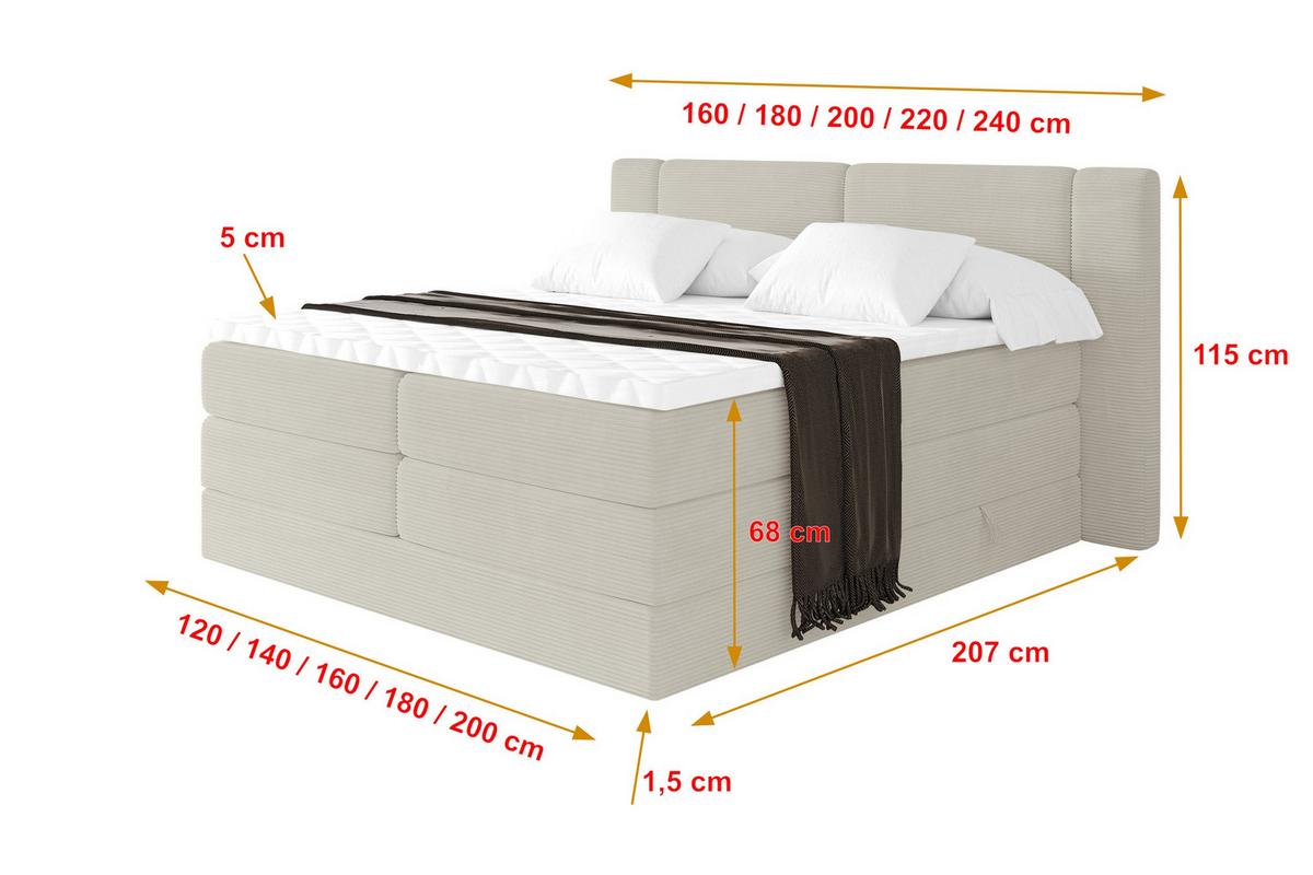 BOXSPRINGBETT mit Matratze H3/H4 - EVON KING - 180x200 cm Creme - Creme, Holzwerkstoff (180/200cm) - ALTDECOR