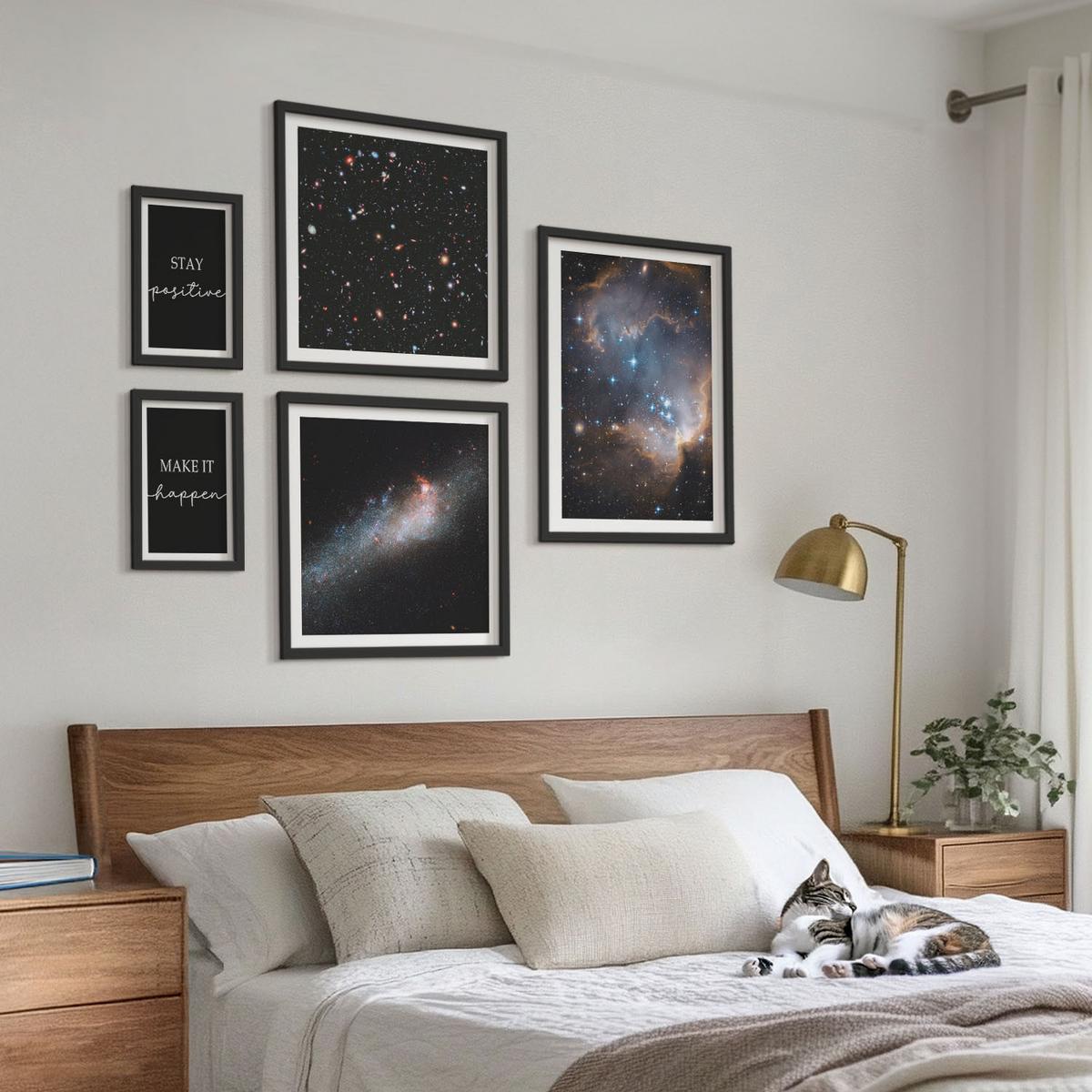 BILDER SET 5er Set - 50x50 cm & 20x30 cm & 40x60 cm Schwarzer Rahmen - Motivationsslogans Sterne Weltraum - Schwarz, Kunststoff (40/60cm) - TULUP