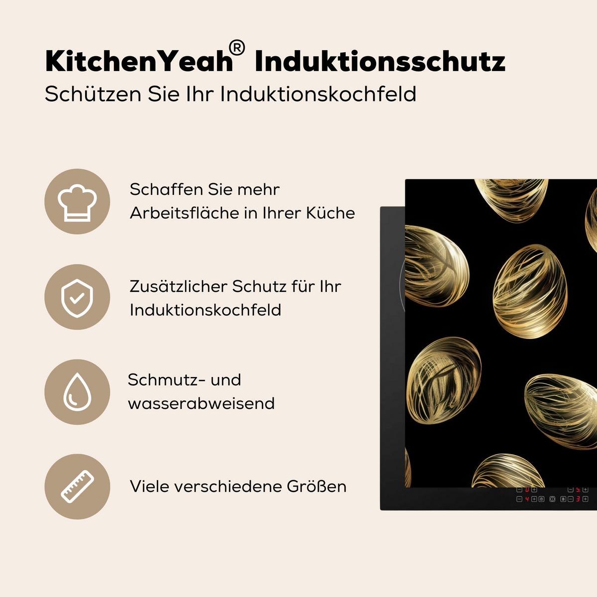 HERDABDECKPLATTE Eier - Gold - Muster Ceranfeldabdeckung 90x52 cm - Schwarz, Kunststoff (90/52/0.2cm) - MuchoWow