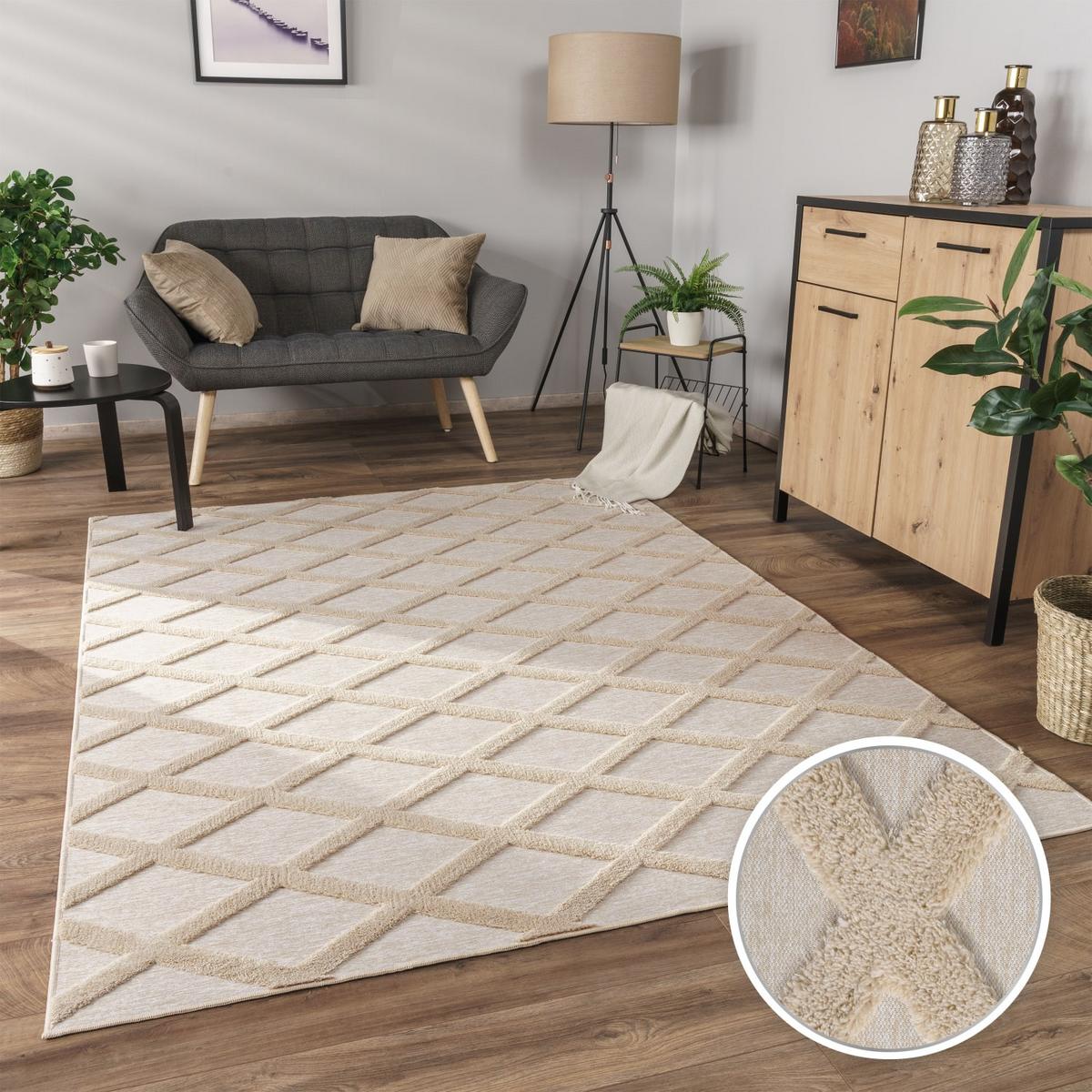 KURZFLORTEPPICH Waschbar, mit Rautenmuster, Beige, 160 x 220 cm - Beige, Textil (220/160cm) - KADIMA DESIGN