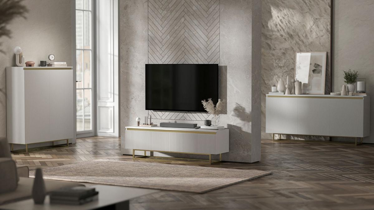 HIGHBOARD Selene 2D Weiß Matt 111 cm goldfarbener Rahmen - Goldfarben/Weiß, Holzwerkstoff/Metall (111/125/35cm) - Meble Lindner