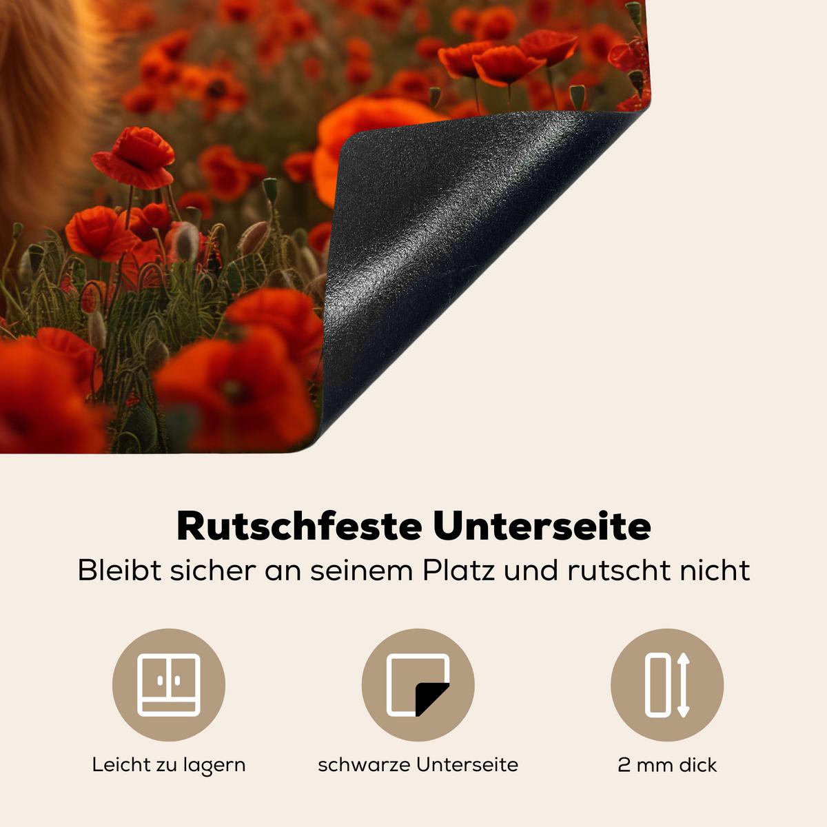 HERDABDECKPLATTE Schottische Highlander - Rosen - Blumenfeld - Sonnenuntergang Induktionsschutz 81.6x52.7 cm - Rotbraun, Kunststoff (81.6/52.7/0.2cm) - MuchoWow