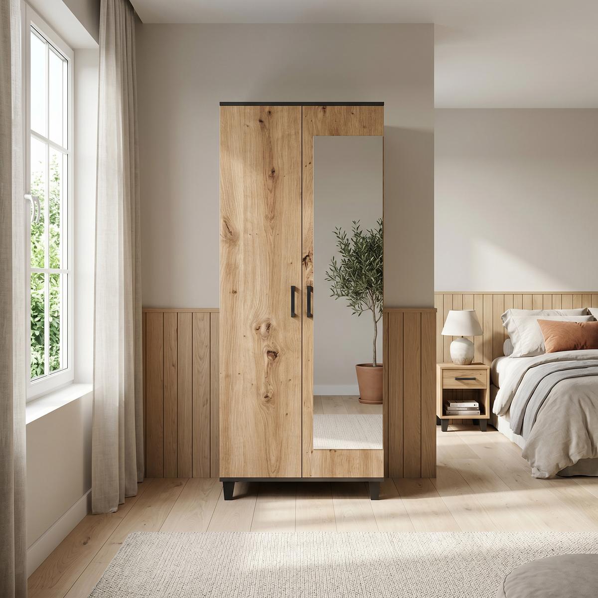 DREHTÜRENSCHRANK CORTEZA 80/193/56cm 2-türig mit Spiegel Eiche Artisan - Eiche Artisan, Holzwerkstoff (80/193/56cm) - MASSENO