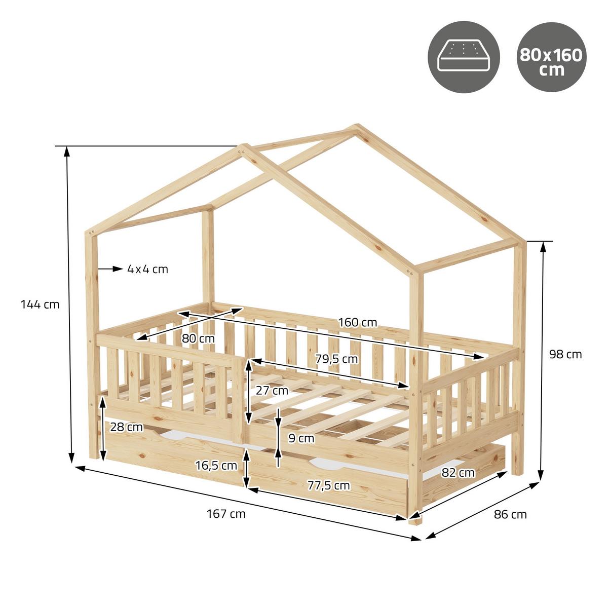 HAUSBETT mit Matratze 80x160 cm und 2 Schubladen Natur aus Kiefernholz - Beige, Holz (80/160cm) - ML-DESIGN