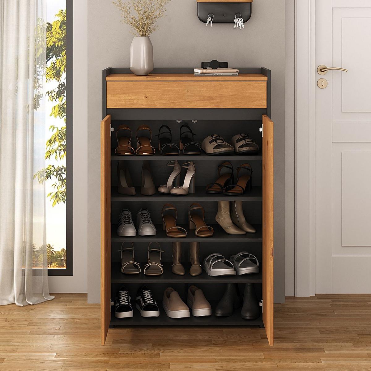 SCHUHSCHRANK TILO schwarz/Eiche - Eichefarben/Schwarz, Holz (74/114/35cm) - IDIMEX