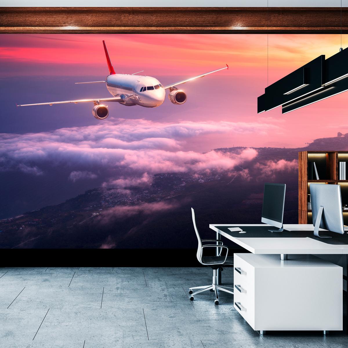 FOTOTAPETE für Wohnzimmer Flugzeug Sonnenuntergang Wolken Himmel 150x105 - Gelb/Rot, Papier (150/105cm) - Muralo