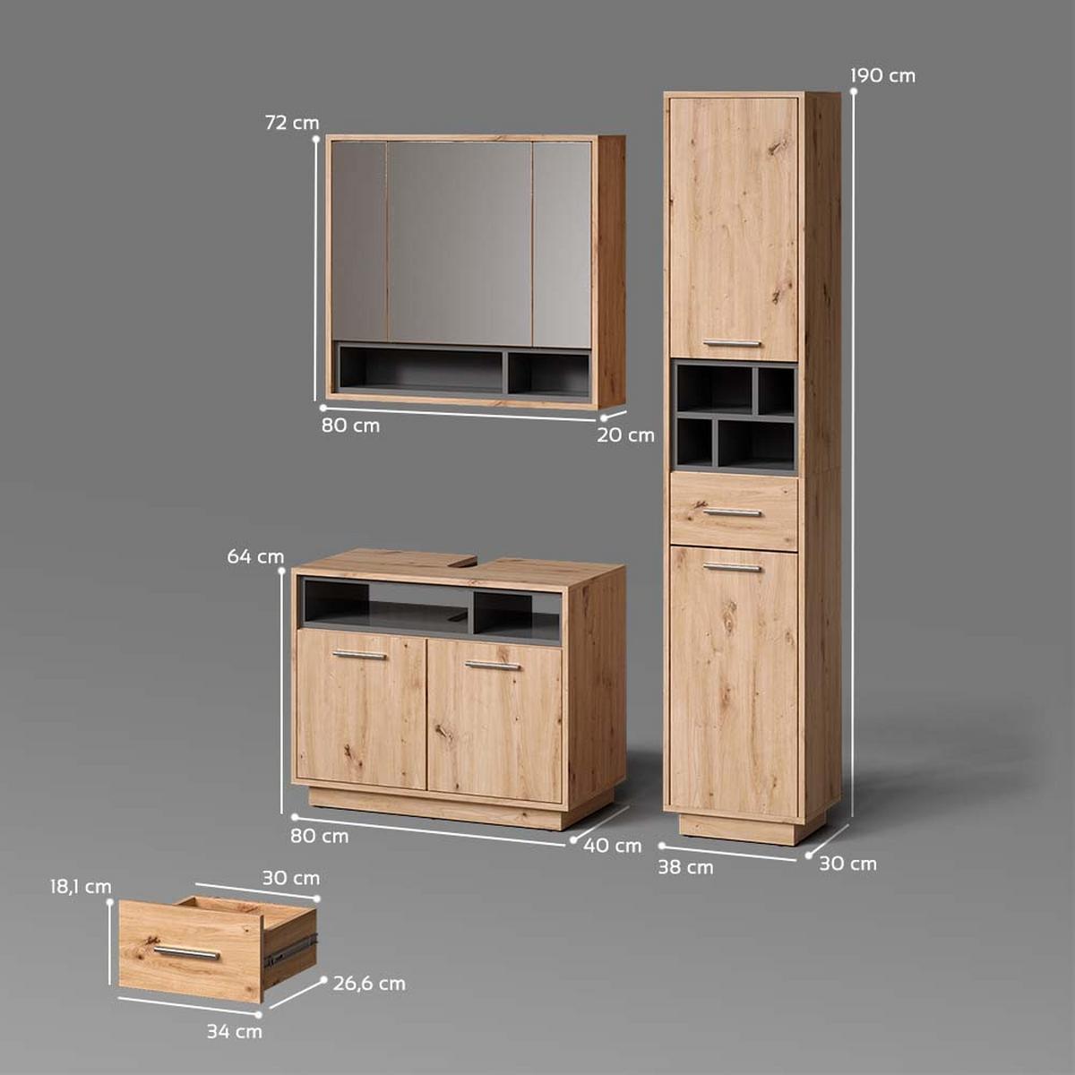 BADMÖBEL-SET Temo Artisan-Eiche 3 Teile, mit Hochschrank - Eiche Artisan, Holzwerkstoff (80/64/40cm) - Livinity®