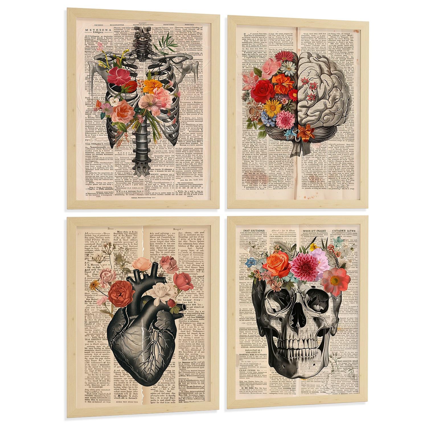 POSTER Set aus 4 Vintage Anatomie Drucke und Wandbilder mit Herz Schädel Skelett und Gehirn Collage Stil Wanddekoration Größe Leichter Holzrahmen A3 - Beige, Papier (29.7/42/3cm) - Nacnic