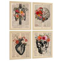 POSTER Set aus 4 Vintage Anatomie Drucke und Wandbilder mit Herz Schädel Skelett und Gehirn Collage Stil Wanddekoration Größe Leichter Holzrahmen A3 - Beige, Papier (29.7/42/3cm) - Nacnic