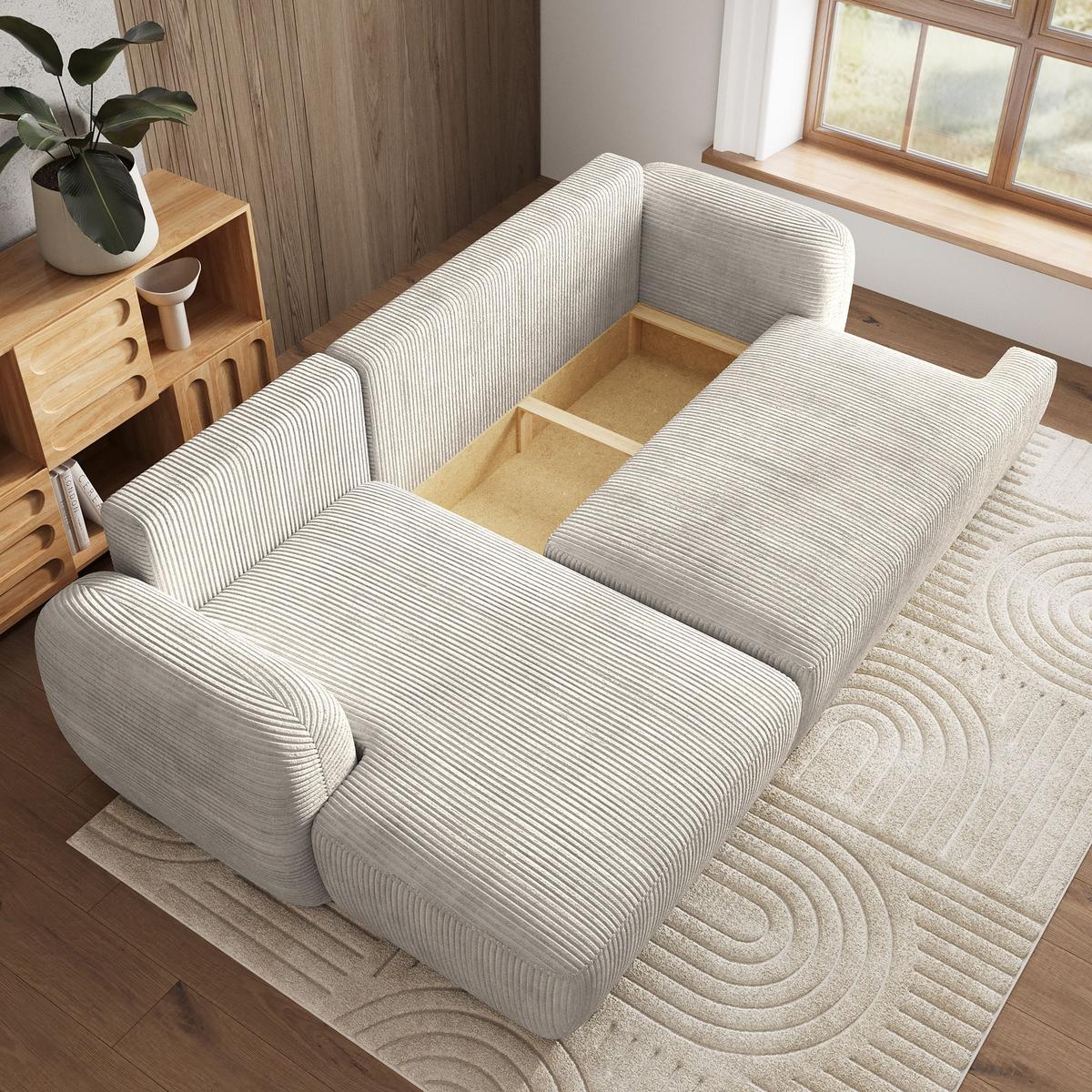 ECKSOFA MODENZA P L-S Creme Kordstoff mit Schlaffunktion - Creme/Schwarz, Holz/Kunststoff (266/148cm) - MASSENO