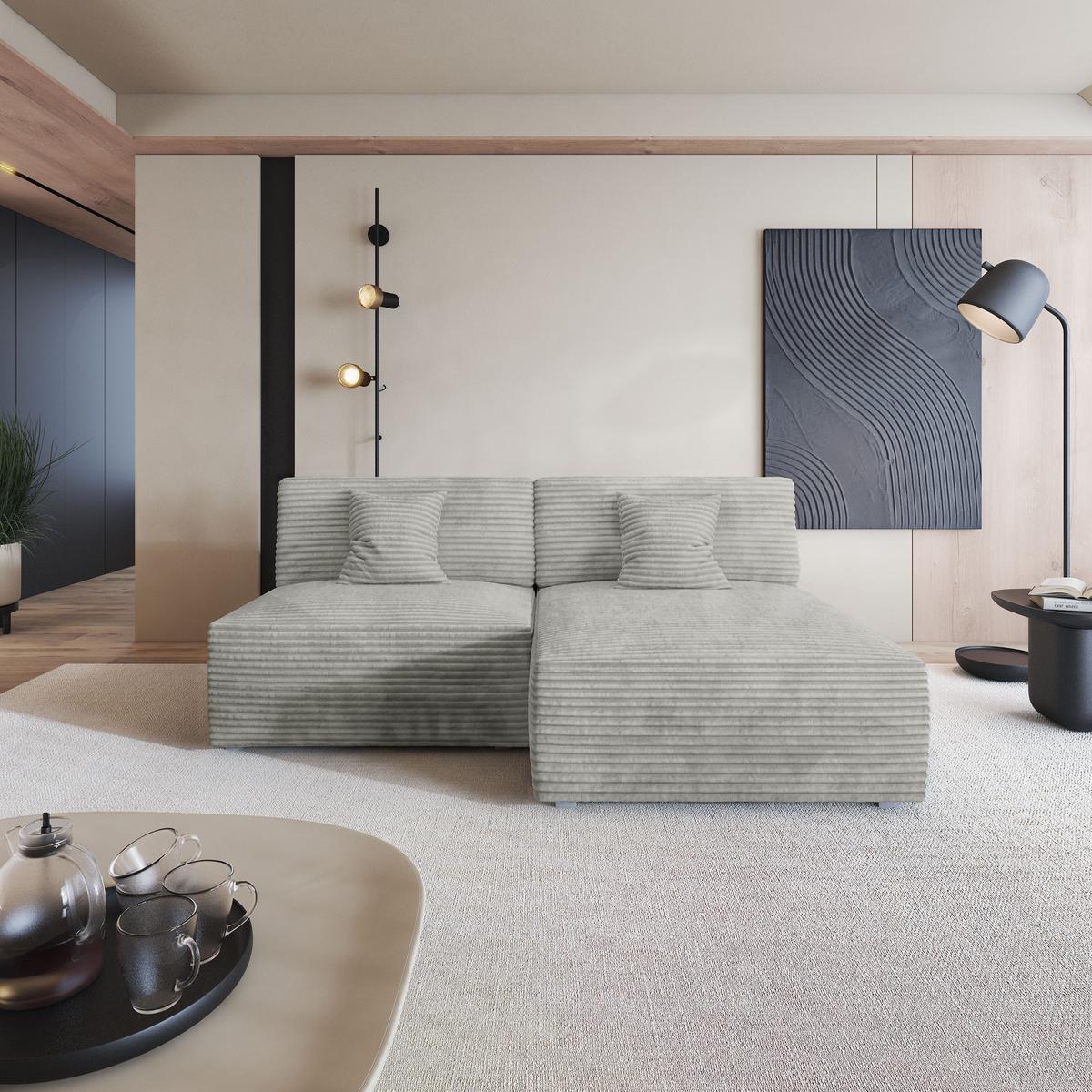 ECKSOFA FIORO Hellgrau Kordstoff mit Schlaffunktion - Hellgrau, Holz (204/148cm) - MASSENO