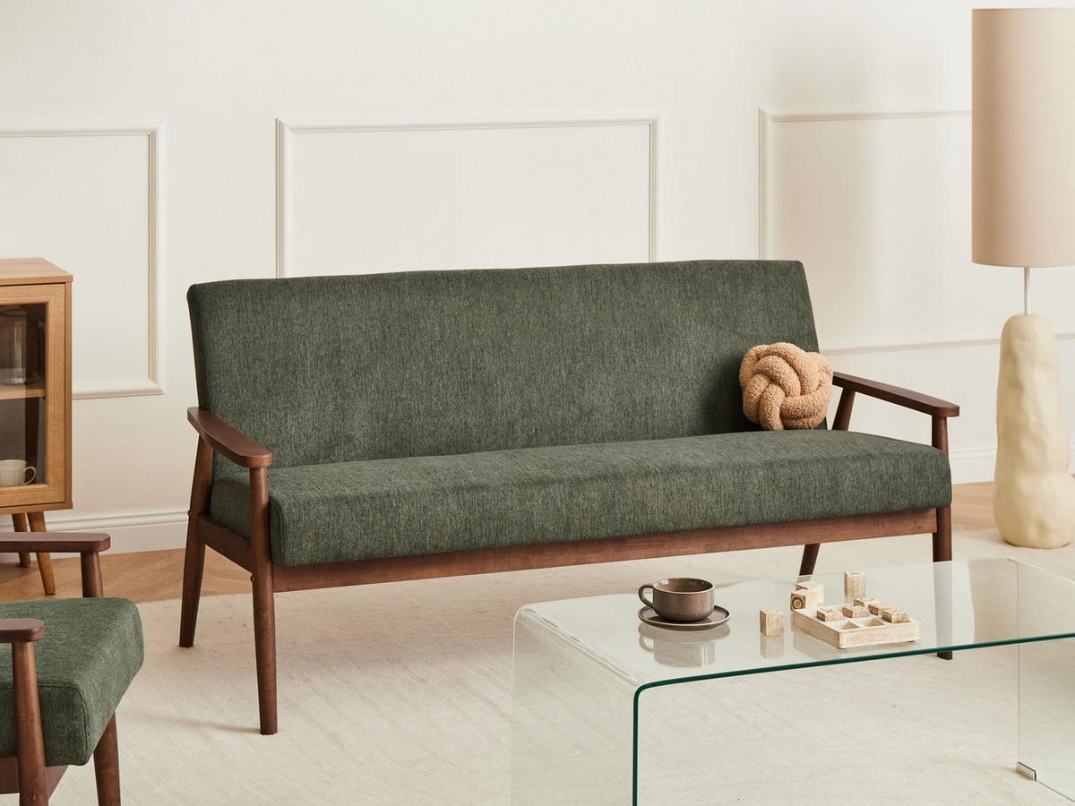 SOFA 3-Sitzer Dunkelbraun/Grün Esrum - Dunkelbraun/Grün, Holz/Textil (151/79/72cm) - Beliani