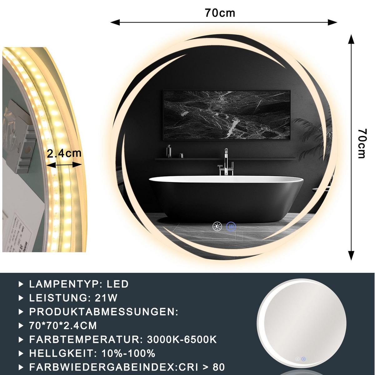 BADEZIMMERSPIEGEL Redick mit LED-Leuchte Ø70 cm - Weiß, Glas (70/2.4/70cm) - Nettlife