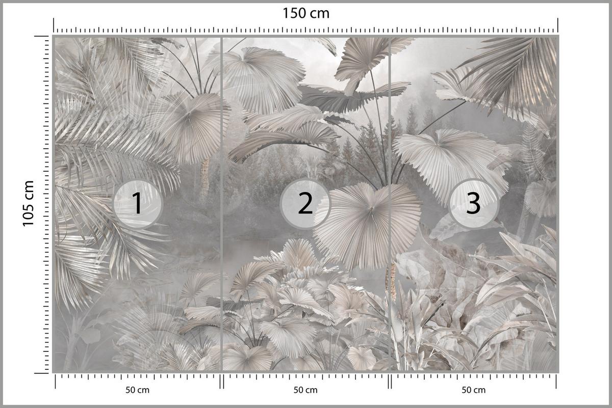 FOTOTAPETE für Wohnzimmer Tropische Blätter Dschungel Palmen Grau 150x105 - Beige/Grau, Papier (150/105cm) - Muralo