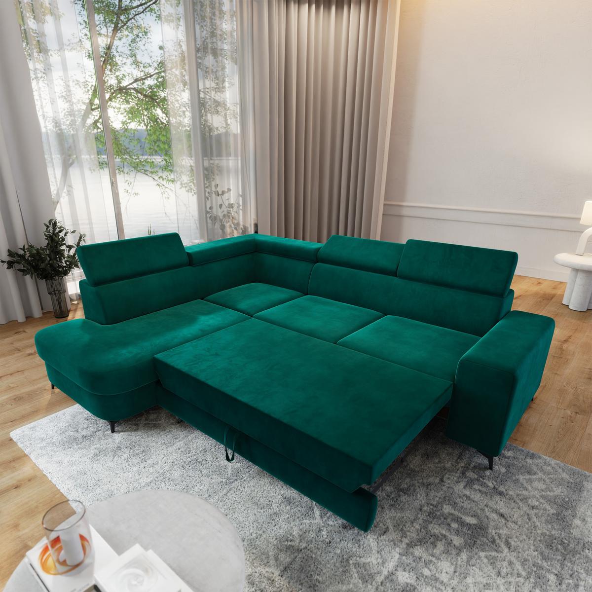 ECKSOFA ALVORO L-S Grün Velours-Stoff mit Schlaffunktion - Grün, Holz (253/190cm) - MASSENO