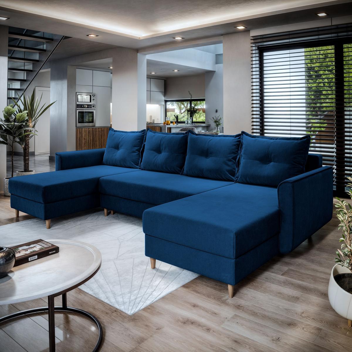 WOHNLANDSCHAFT VERNI Blau Plüsch-Stoff mit Schlaffunktion - Blau/Braun, Holz/Textil (285/91/143cm) - MASSENO