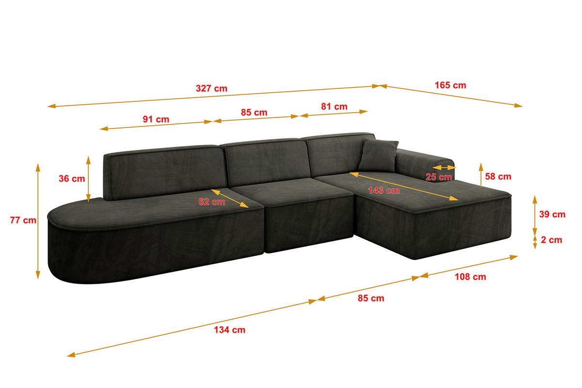 ECKSOFA Ottomane Rechts IREA-L2-v3 - 327x165x77 cm Schwarz - Schwarz, Holzwerkstoff/Textil (327/165cm) - ALTDECOR