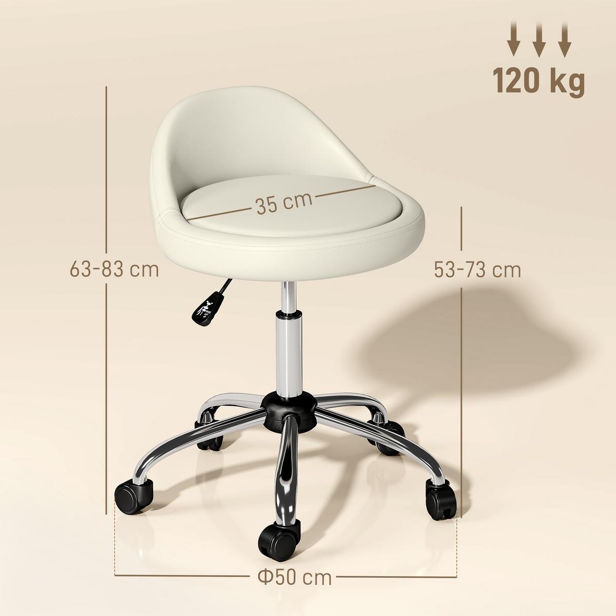 ROLLHOCKER Höhenverstellbarer Arbeitshocker 63-83 cm Drehhocker mit Rädern - Weiß, Kunststoff (35/83/35cm) - HOMCOM