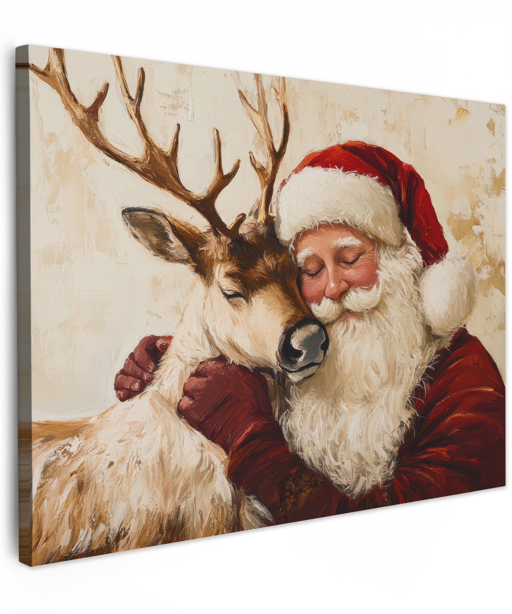 LEINWANDBILD Weihnachtsmann - Rentier - Weihnachten Wandbild 40x30 cm - Rotbraun, Textil (40/30cm) - MuchoWow