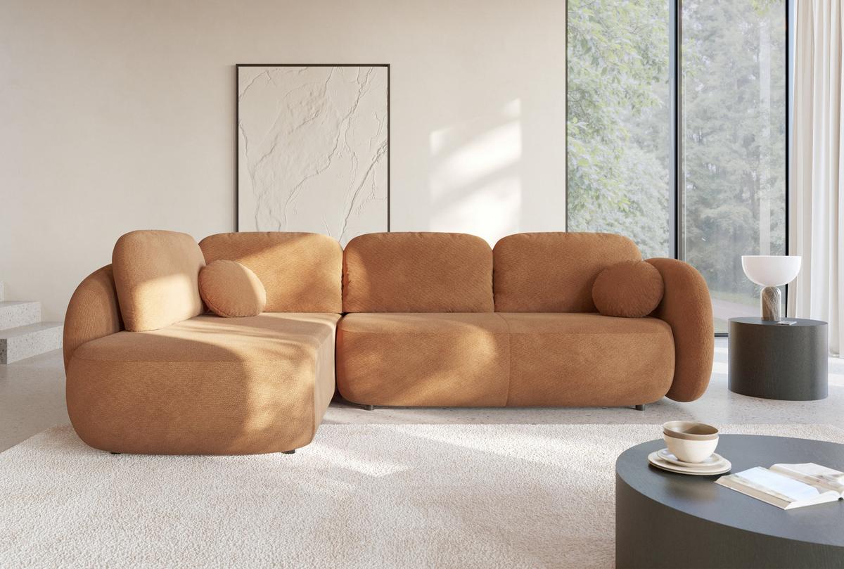 ECKSOFA AMICO II L-S Braun Geflochtener Stoff mit Schlaffunktion - Braun, Holz (289/190cm) - MASSENO