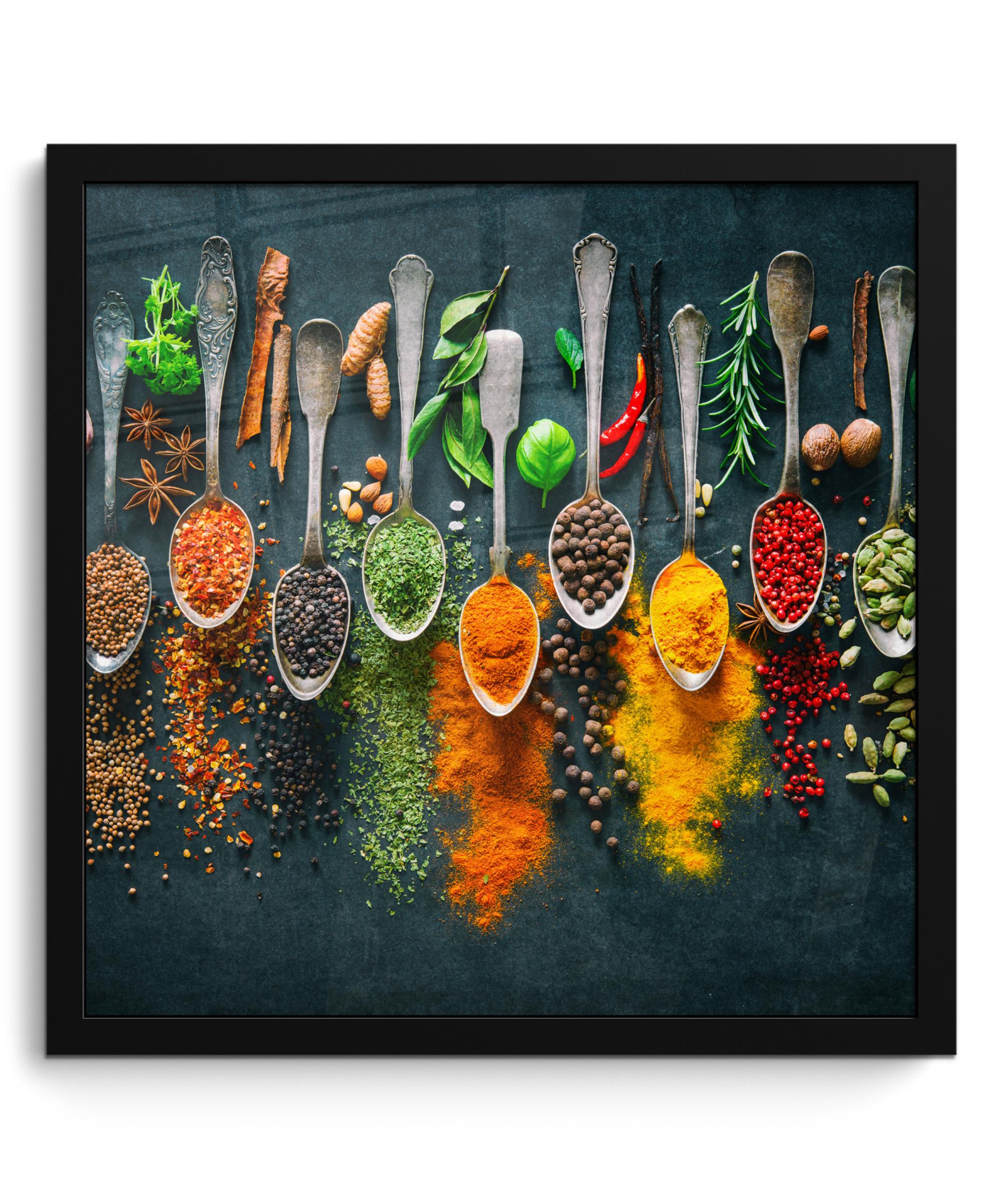 POSTER MIT RAHMENGERAHMTES BILD Kräuter - Gewürze - Löffel 40x40 cm - Currygelb, Papier (40/40cm) - MuchoWow