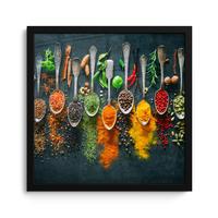 POSTER MIT RAHMENGERAHMTES BILD Kräuter - Gewürze - Löffel 40x40 cm - Currygelb, Papier (40/40cm) - MuchoWow