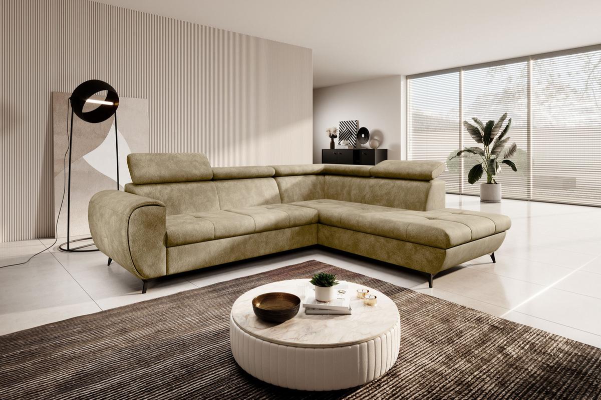 ECKSOFA MAGIA R-S Beige Plüsch-Stoff mit Schlaffunktion - Beige, Holz (260/217cm) - MASSENO