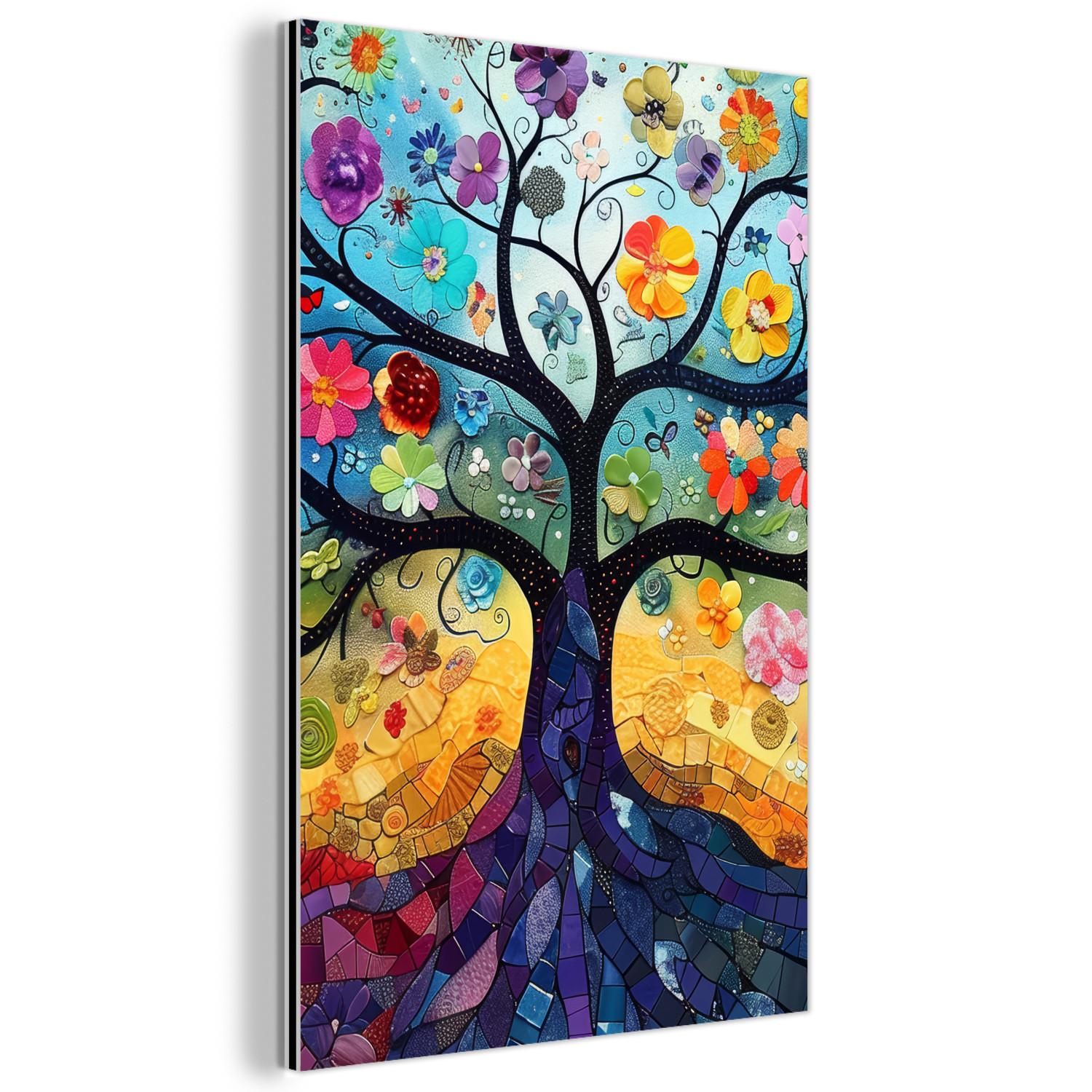 METALLBILD Kunst - Baum des Lebens - Blumen - Hippie Deko Wohnzimmer 60x90 cm - Dunkelblau, Metall (60/90cm) - MuchoWow