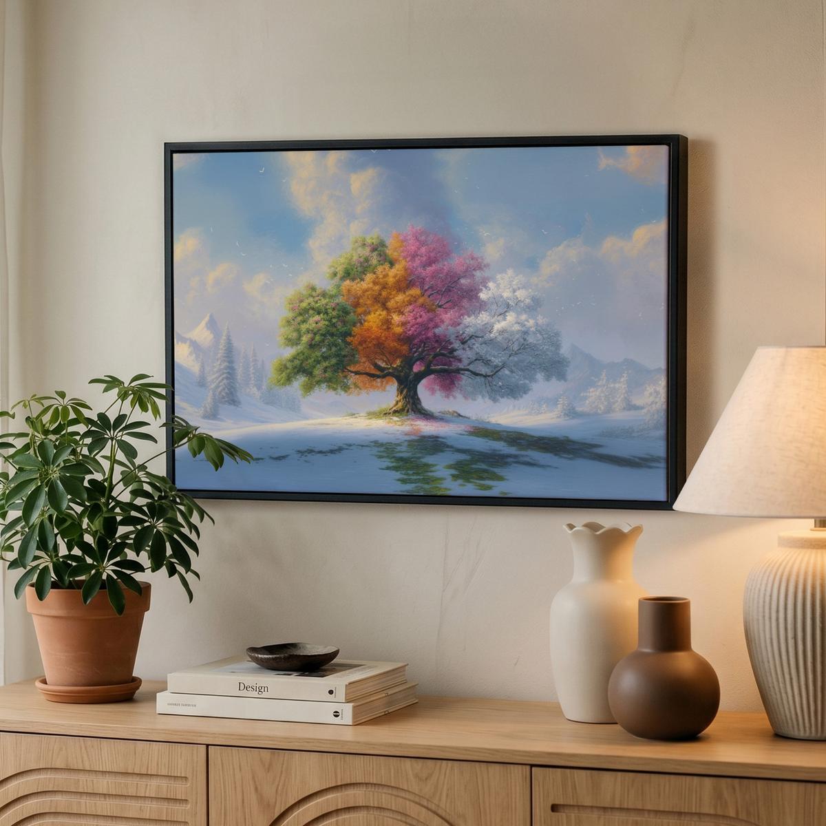 LEINWAND Bilder mit Rahmen - Baum - Jahreszeiten - Winter - Landschaft - 60x40 - Multicolor, Textil (60/40cm) - MuchoWow