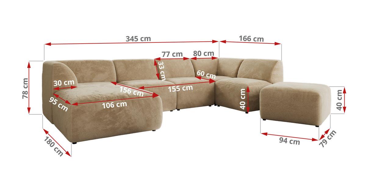 WOHNLANDSCHAFT MODARO U 6M - Beige Plüsch - Rechts - Beige/Schwarz, Textil (345/78/180cm) - MKS