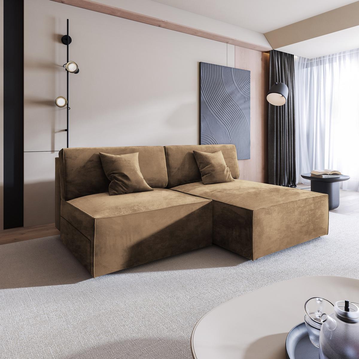 ECKSOFA FIORO M Beige Velours-Stoff mit Schlaffunktion - Beige/Grau, Holz/Kunststoff (204/148cm) - MASSENO