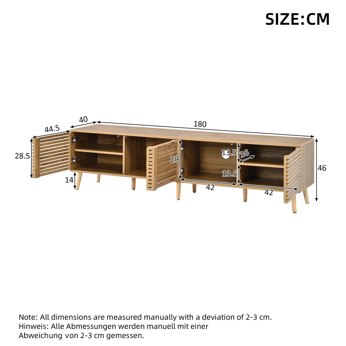 TV-LOWBOARD Holzoptik 180cm mit 4 Lamellentüren für TVs bis 75 Zoll - Naturfarben, Holzwerkstoff (180/46/40cm) - Urban Meuble