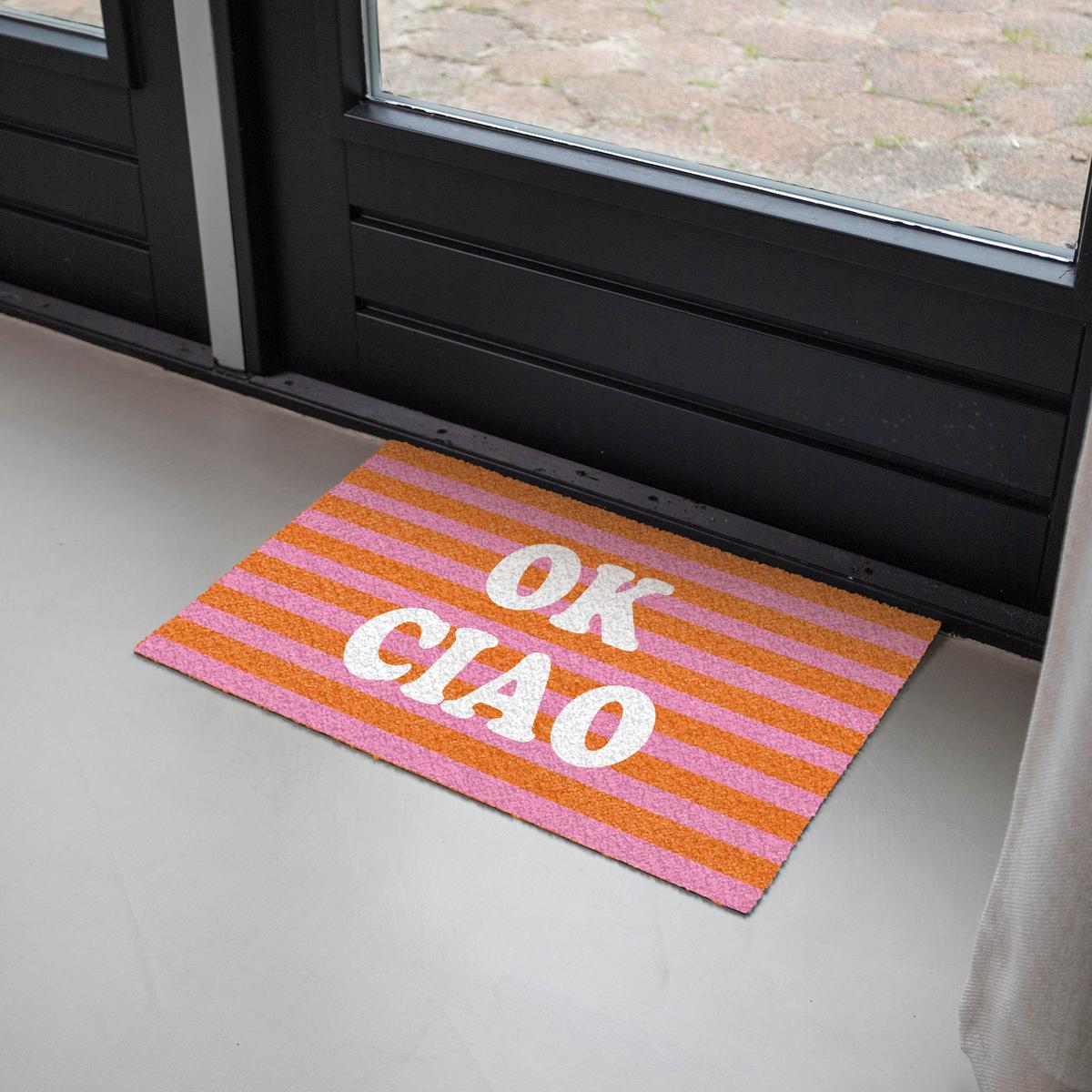 FUSSMATTE Ciao - Zitat - Streifen Sauberlaufmatte 60x40 cm - Orange, Kunststoff (60/0.4cm) - MuchoWow