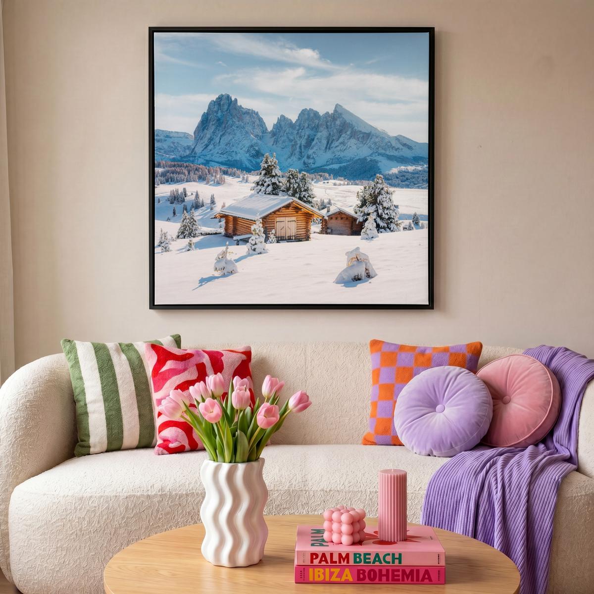LEINWAND Bilder mit Rahmen - Winter - Hütte - Berge - Aussicht - Schnee - 90x90 - Eichefarben, Textil (90/90cm) - MuchoWow