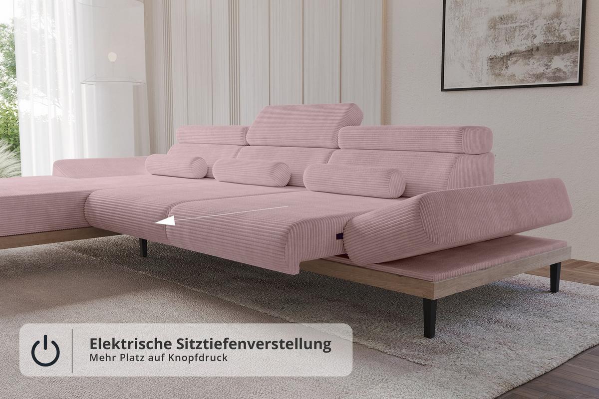 ELEKTRISCHES ECKSOFA Links MONA 316x205x85 Rosa Cord - Rosa, Holzwerkstoff/Textil (316/205cm) - ALTDECOR