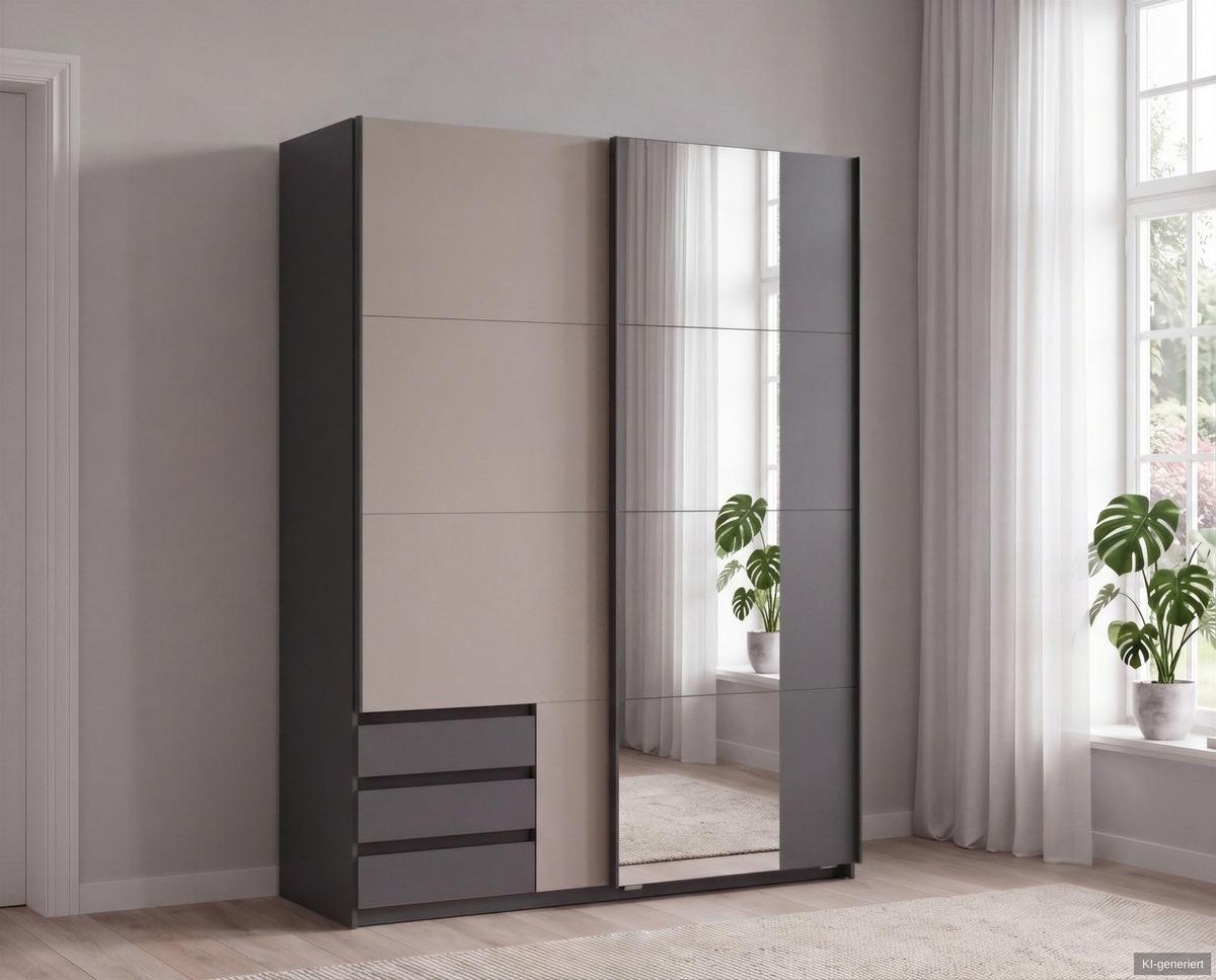SCHWEBETÜRENSCHRANK 2-türig B135/H198/T65 cm, Kleiderschrank mit Spiegel & sichtbaren Schubkästen in Grafit, 1x Tür in Sandgrau / 22680 - Sandfarben/Graphitfarben, Holz/Holzwerkstoff (135/198/65cm) - luma-home
