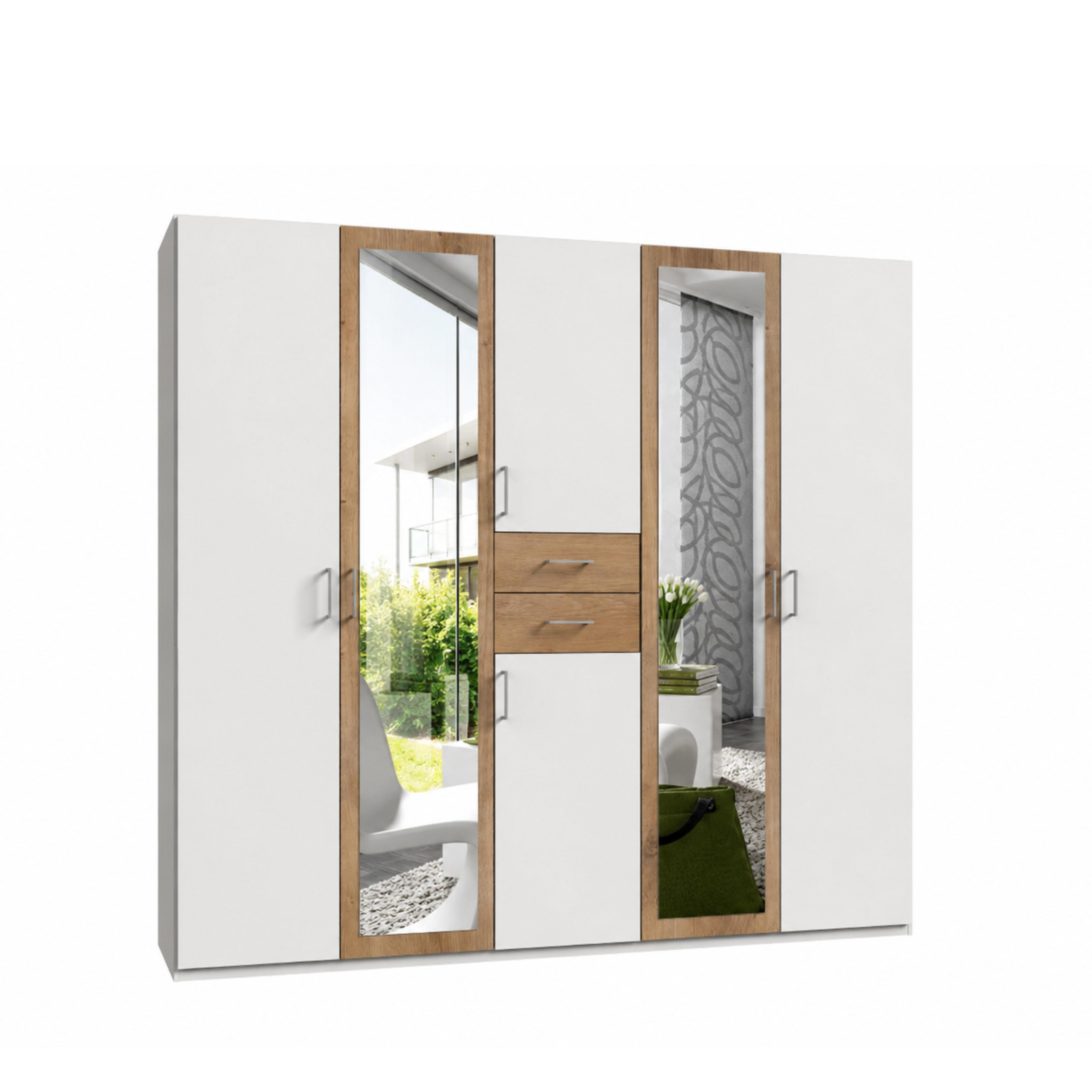 DREHTÜRENSCHRANK B225/H208/T58 cm, Weiß mit Absetzungen in Eiche Dekor, Kleiderschrank mit 2 Spiegeltüren & Schubkästen / 22591 - Eichefarben/Silberfarben, Holzwerkstoff/Kunststoff (225/208/58cm) - luma-home