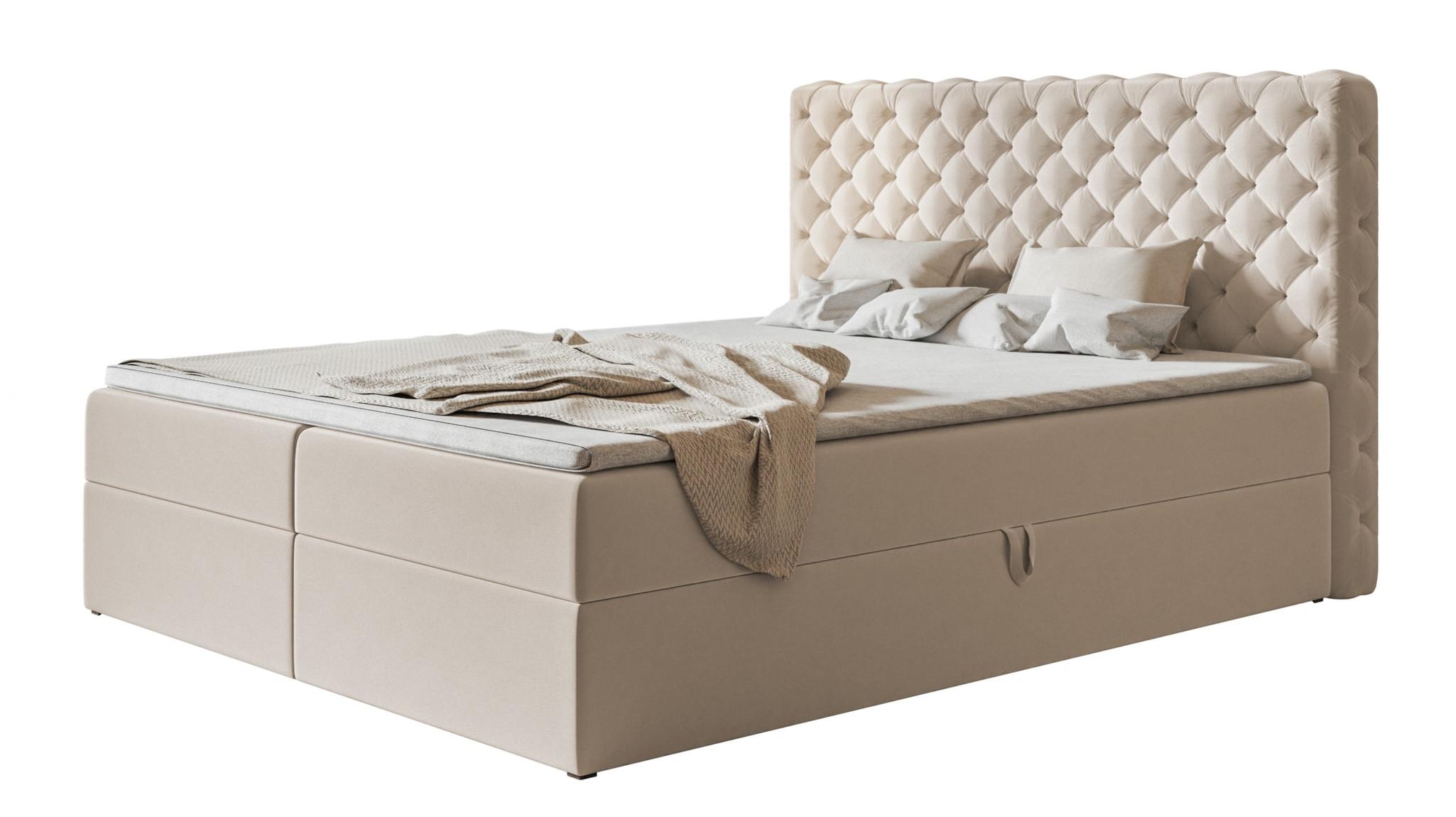 BOXBETT MIAMI mit 2 Bettkästen, 120x200, Farbe: Beige, Velourstoff, Doppelbett mit Bonell-Matratze - Beige, Holz/Kunststoff (120/200cm) - Alpi-Möbel