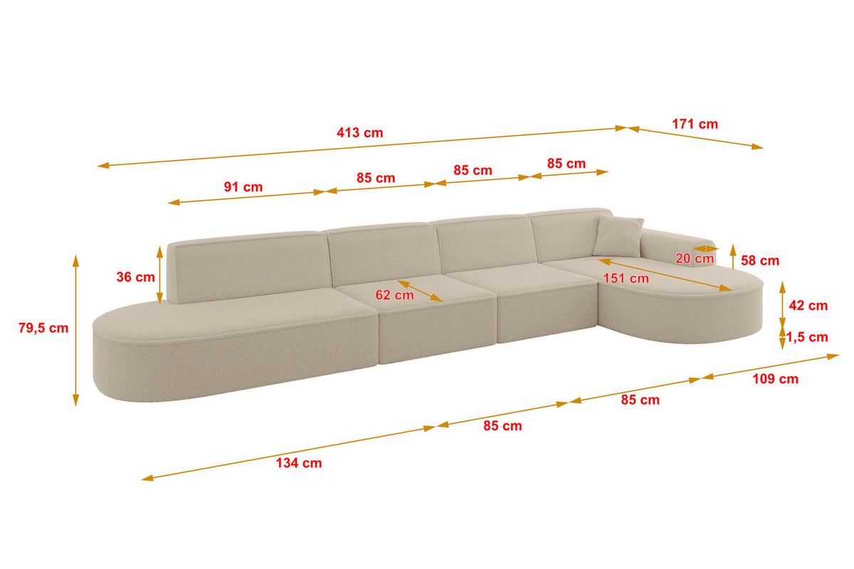 ECKSOFA Ottomane Rechts MARI-L3 - 413x171x79 cm Dunkelbeige Bouclé - Hellbraun/Schwarz, Holzwerkstoff/Kunststoff (171/413cm) - ALTDECOR