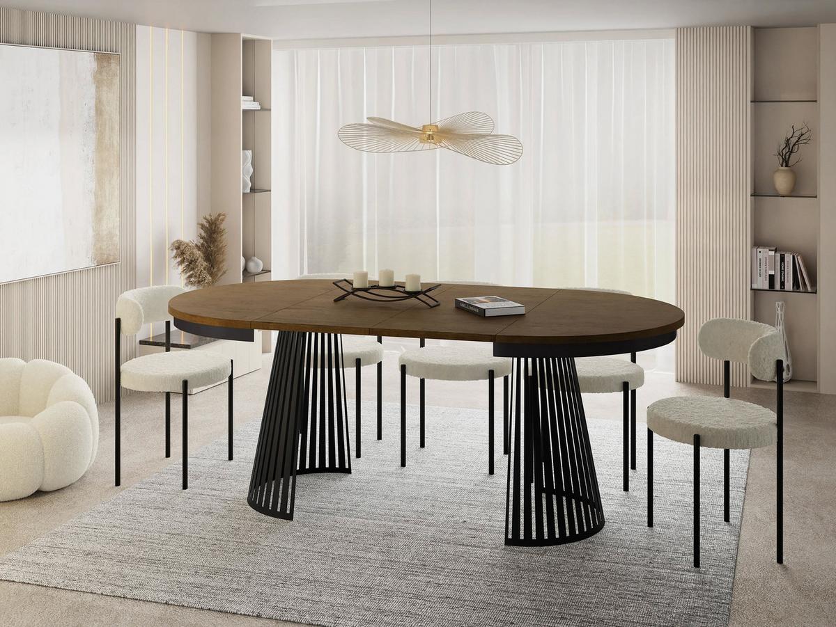 ESSTISCH Naro rund ausziehbar mit Schwarzem Lamellen-Metallgestell, Eiche Braun Rustikal 100-180/100/76 cm - Alteiche/Schwarz, Holzwerkstoff/Metall (100/176/76cm) - WFL GROUP