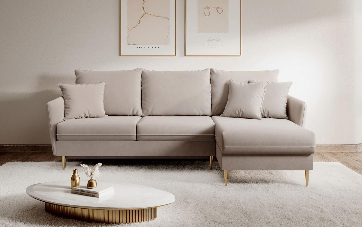 ECKSOFA Volio Beige Samt 223 cm - Beige/Goldfarben, Textil/Metall (223/145cm) - Selsey