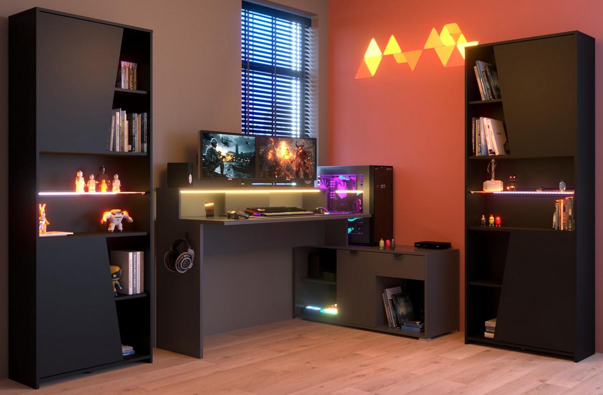 SCHREIBTISCHKOMBINATION schwarz, grau, Set Gamingtisch und 2x Regal inklusive LED mit Farbwechsel - Schwarz/Grau, Holzwerkstoff/Kunststoff (180/229/180cm) - Parisot Meuble