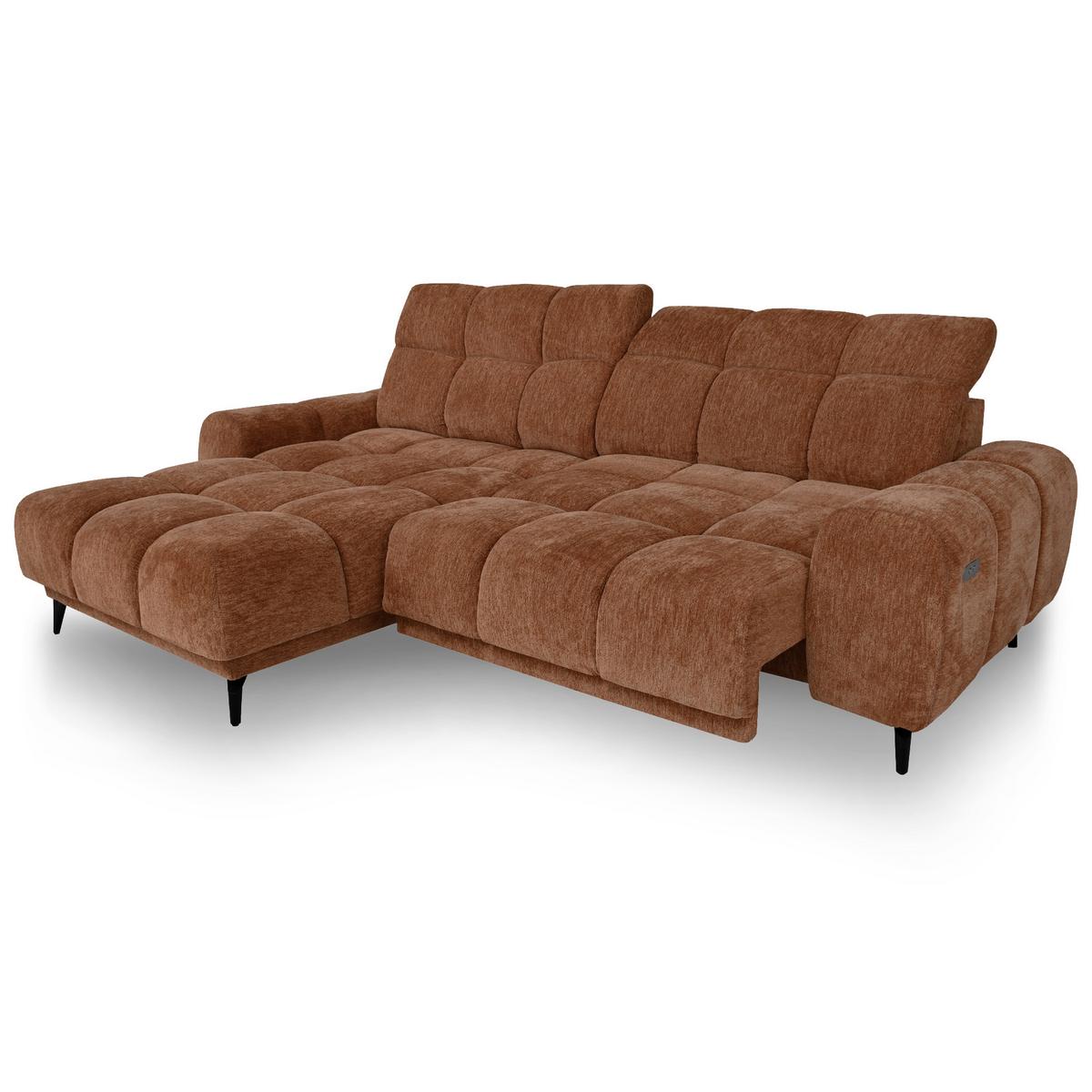 ECKSOFA Marco Mini mit elektrisch ausfahrbarem Sitz und verstellbaren Kopfstützen, Links, Chenille-Stoff, Dunkelorange - Dunkelorange/Schwarz, Textil (275/182cm) - Beautysofa