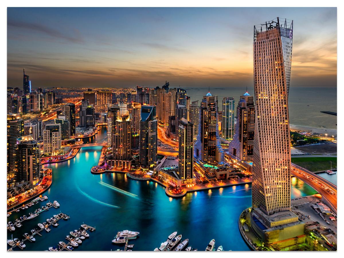 FOTOTAPETE für Büro Hochhäuser Dubai Marina Hafen Lichter Modern 150x105 - Türkis/Gelb, Papier (150/105cm) - Muralo