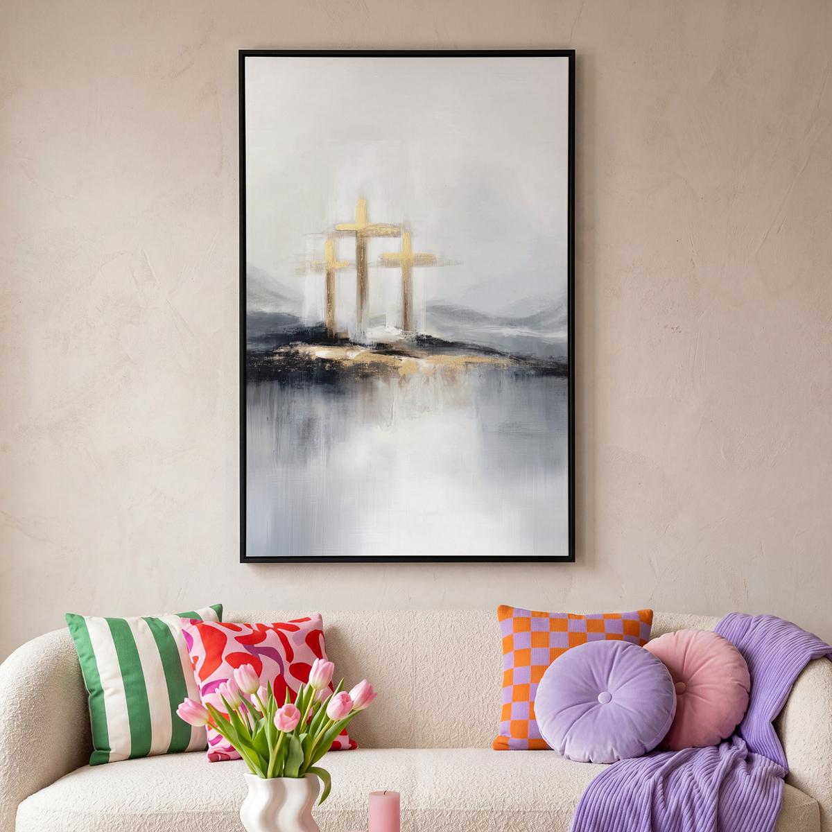 LEINWAND Bilder mit Rahmen - Abstrakt - Malerei - Christentum - Kreuz - 100x150 - Weiß, Textil (100/150cm) - MuchoWow