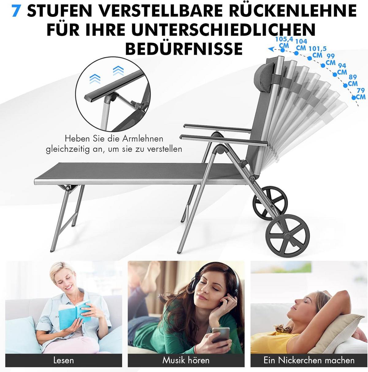 GARTENLIEGE Grau - Grau, Metall (173/78.5/66cm) - COSTWAY