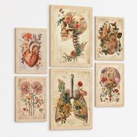 POSTER Set aus 6 Botanische Anatomie Drucke mit Herz Lungen Wirbelsäule Becken und Rippen Beige Terrakotta Erdtöne Florales Schwarzer Rahmen A3 & A4 - Schwarz, Papier (29.7/42/3cm) - Nacnic